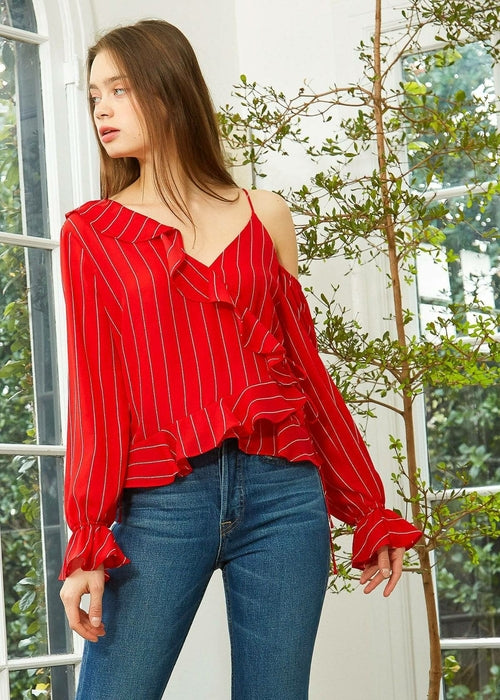 Women's Asymmetrical Shoulder Ruffle Blouse in Red