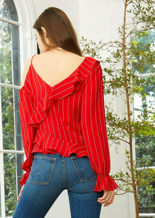 Women's Asymmetrical Shoulder Ruffle Blouse in Red