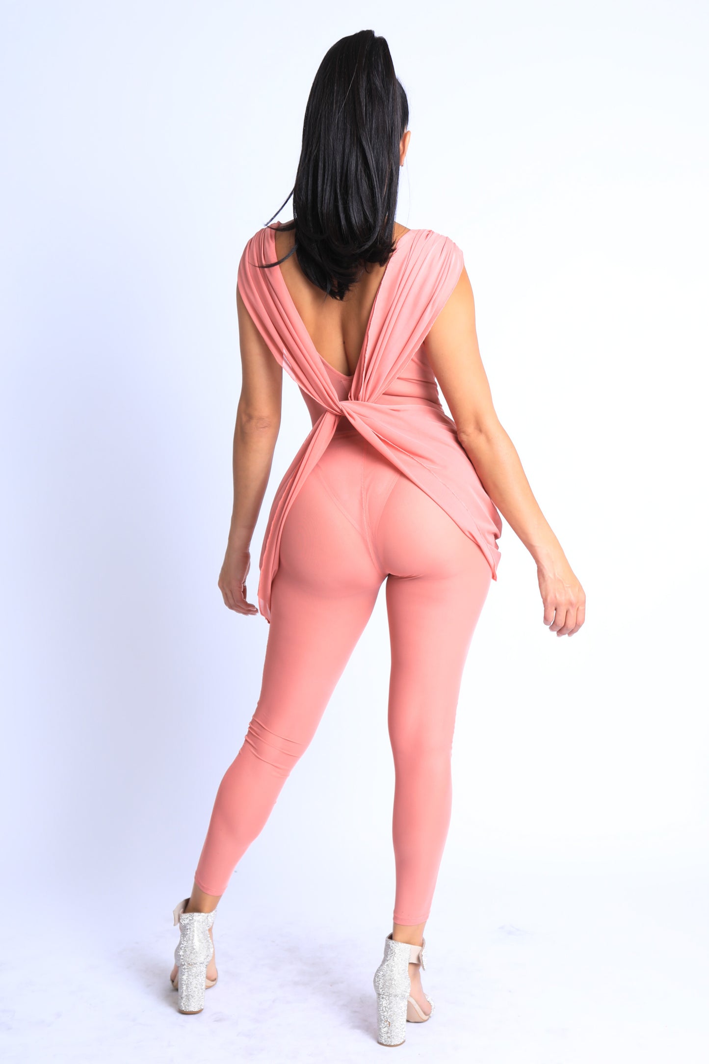 Sexy Sleeveless Lightweight Draped Mesh Jumpsuit Party Clubwear MAUVE