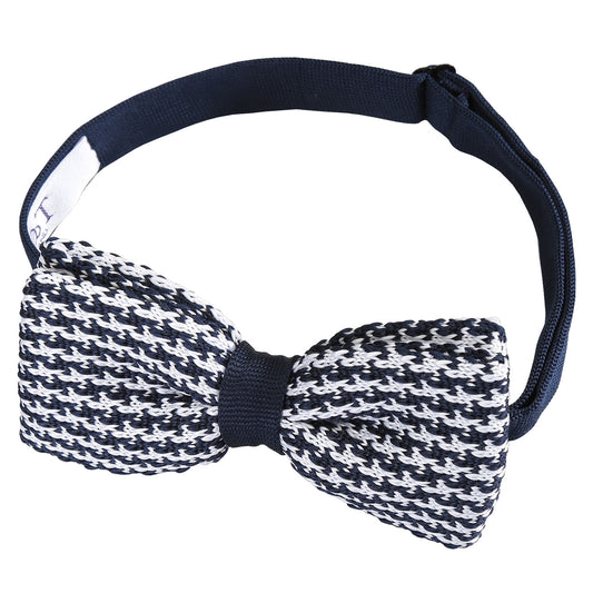 Houndstooth Knitted Pre-Tied Bow Tie - White & Navy