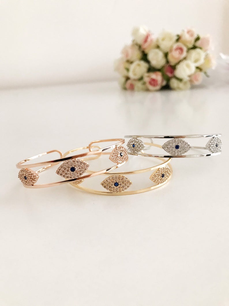 Evil Eye Bracelet, Bangle Bracelet, Rose Gold Silver Bracelet, Cuff