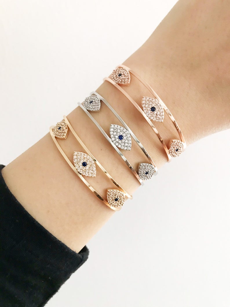 Evil Eye Bracelet, Bangle Bracelet, Rose Gold Silver Bracelet, Cuff