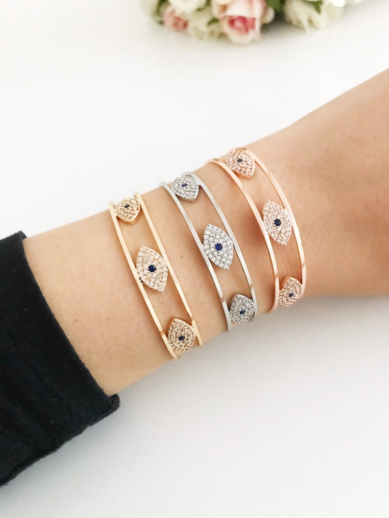 Evil Eye Bracelet, Bangle Bracelet, Rose Gold Silver Bracelet, Cuff