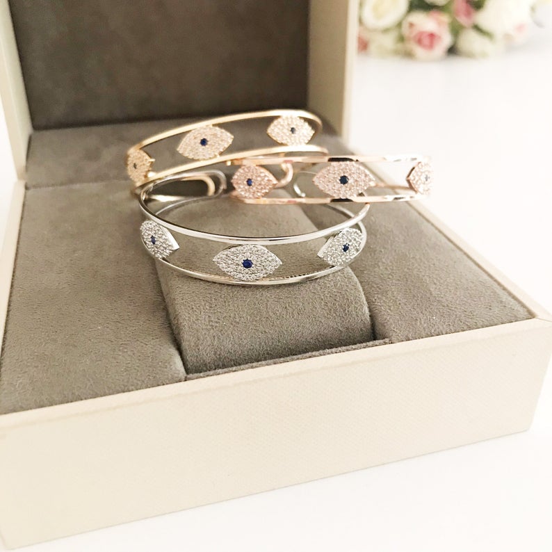 Evil Eye Bracelet, Bangle Bracelet, Rose Gold Silver Bracelet, Cuff