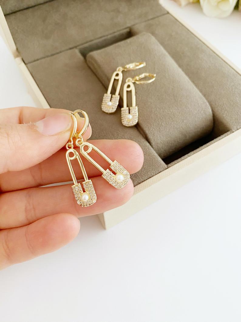 Safety Pin Earrings, Hoop Earrings, Gold Safety Pin Earrings