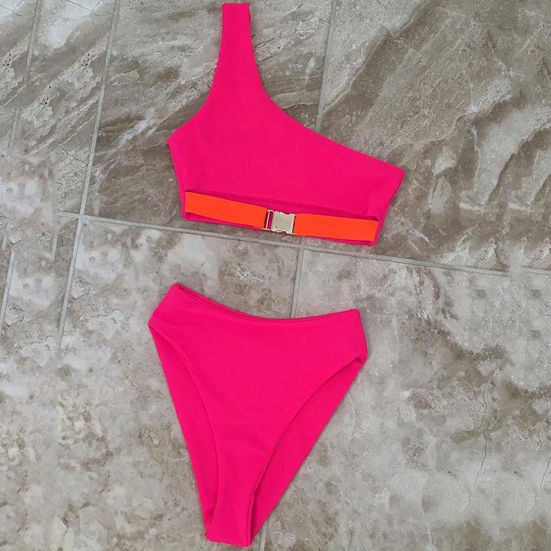 HOt Pink One Shoulder High Waist Bikini Swimsuit Swimwear Women