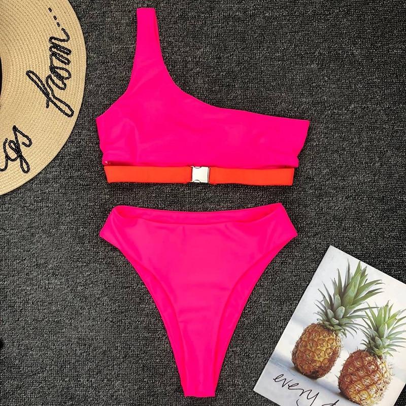 HOt Pink One Shoulder High Waist Bikini Swimsuit Swimwear Women